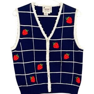 Vintage Strawberry Knit Vest Blue White Red Size L Grandmacore Cottagecore
